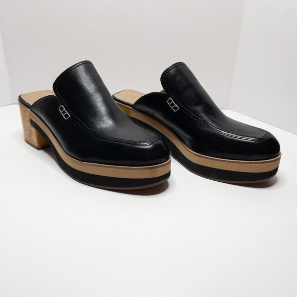 Bernardo Black Leather Block Heel Mules Slides Women’s 10M Square Toe Clogs - Picture 15 of 16